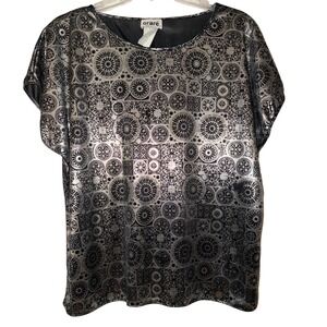 Oraré Vintage Metallic Black Silver Baroque Print Short Sleeve Top Size 18